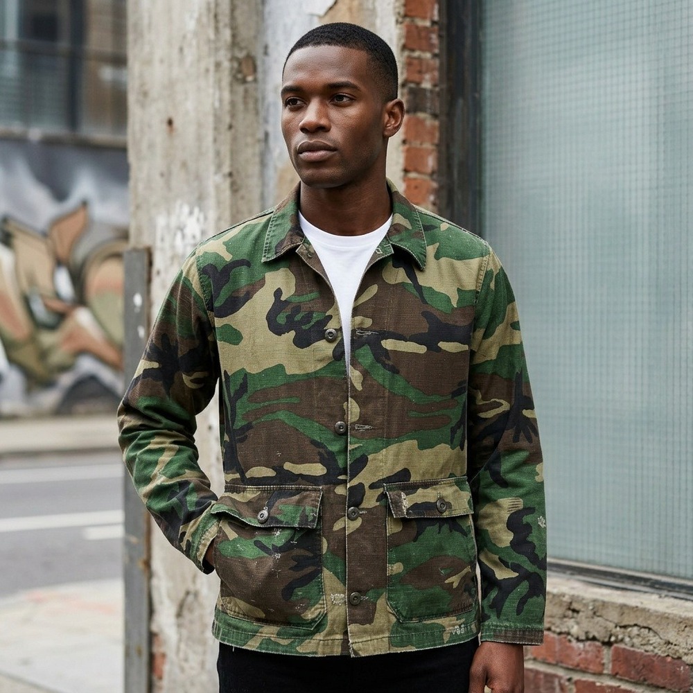 Vintage Woodland Camo Fatigue Men's Medium Distressed Thrashed Chore Jacket
